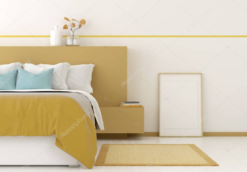 3D illustration. Interior mocap of a bedroom with frame and yellow strip. Frame for picture size 60x90 cm and 50x70 cm with mount