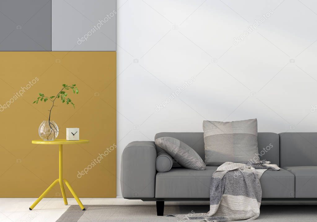 3D illustration. Modern interior with gray sofa against the wall with yellow-gray panels