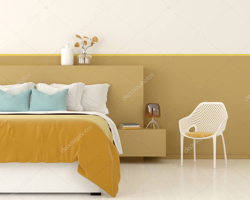 3D illustration. Interior of a yellow bedroom with a white chair