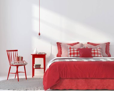 3D çizim. Noel yatak odası iç kırmızı mobilya ve dekorasyon.