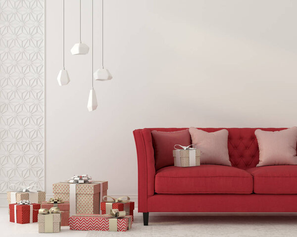 3D illustration. Festive interior with red sofa and gifts