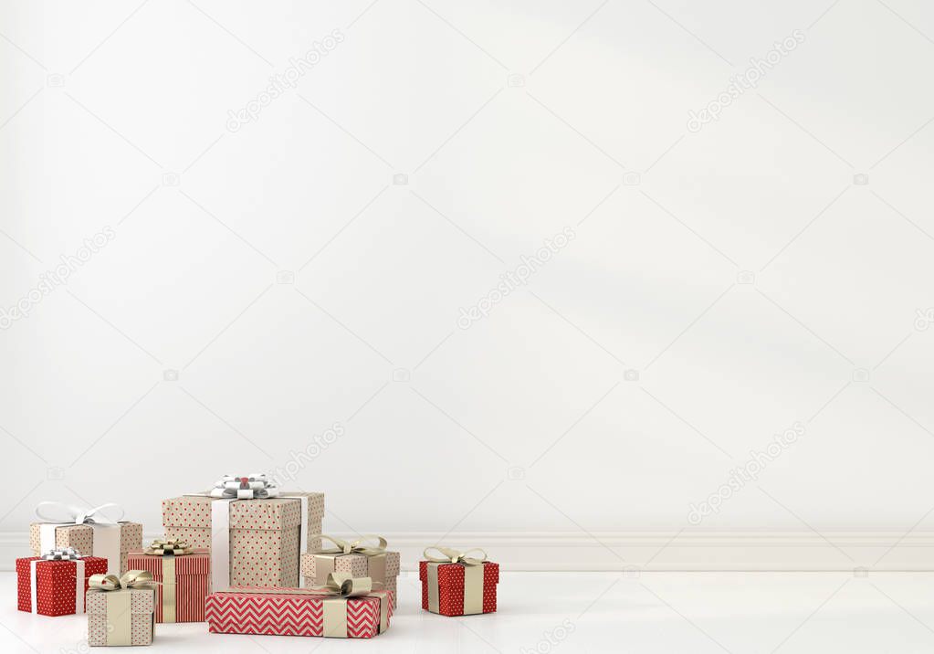 3D illustration. Festive interior with gifts