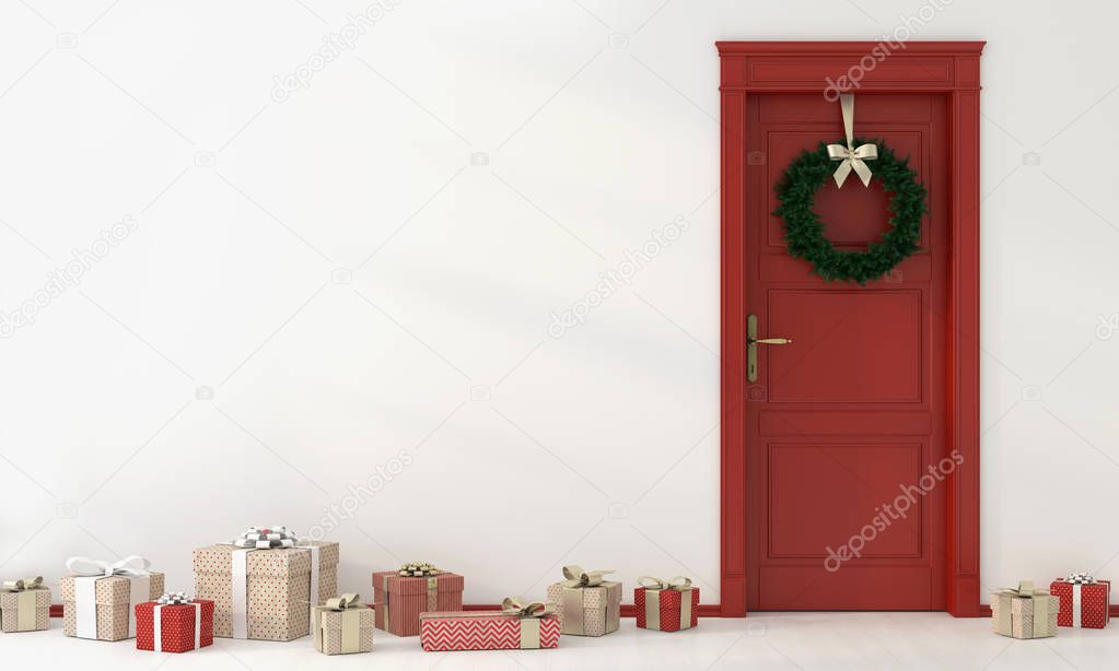 3D illustration. Festive interior with red door and gifts