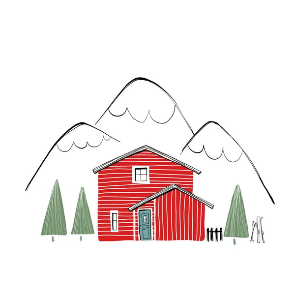 Maison en bois rouge dans le paysage d'hiver — Image vectorielle