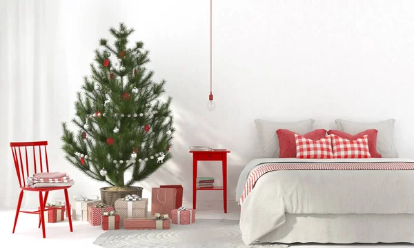 Ilustración Interior Festivo Dormitorio Beige Con Decoraciones Rojas Árbol Navidad — Foto de Stock