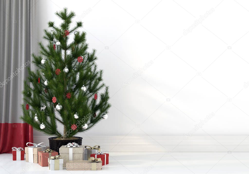 3D illustration. Festive interior with presents and the Christmas tree