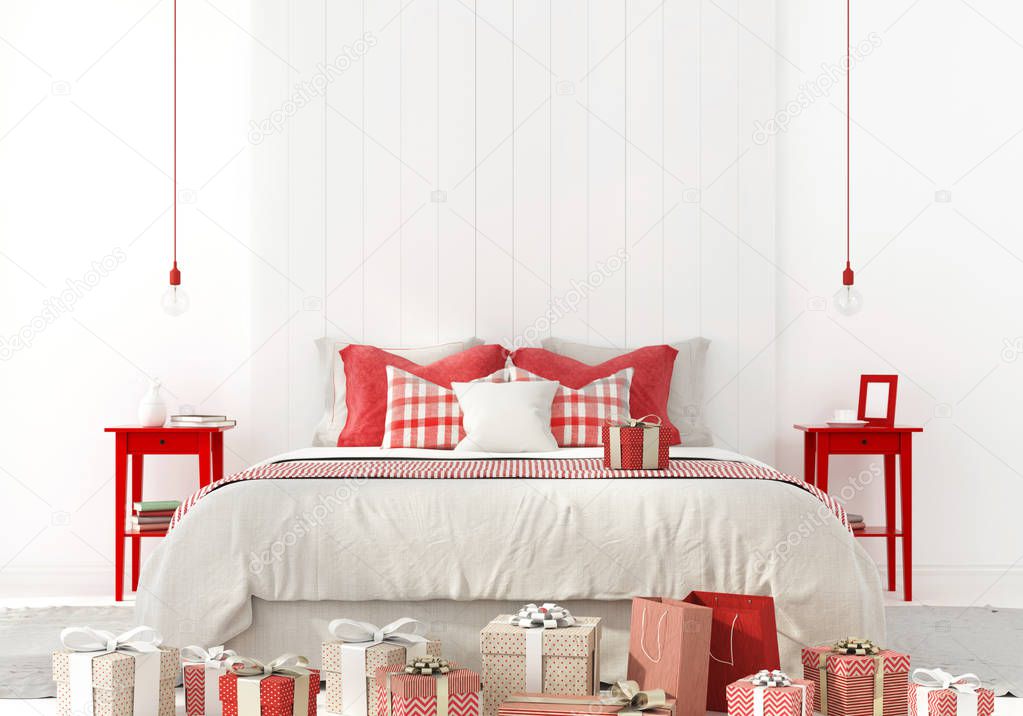 3D illustration. Festive interior of a beige bedroom with red decorations and a focus on gifts