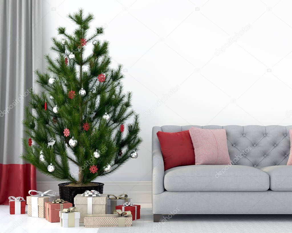 3D illustration. Festive interior with gray sofa near the Christmas tree