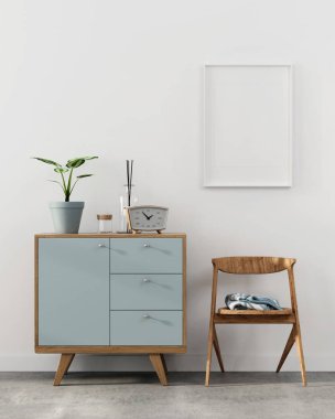 3D çizim. Şık mocap iç duvar, ahşap çekmeceli ve bir sandalye bir çerçeve ile