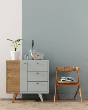 3D çizim. Şık iç duvar ve ahşap çekmeceli bir dikey mavi çizgi