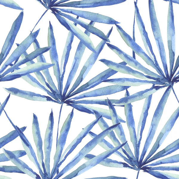 Beyaz arka plan üzerinde izole tropikal mavi pulm yaprakları ile sorunsuz bir desen çizim suluboya 