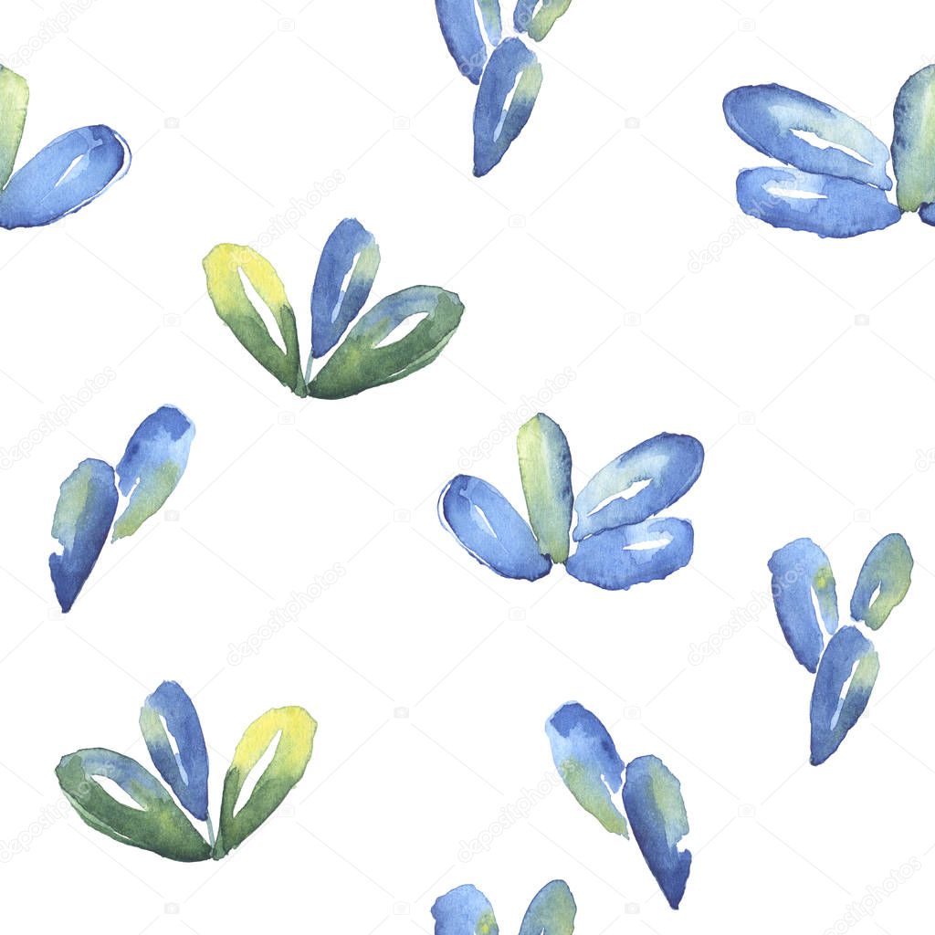 Watercolor drawing of a seamless pattern with tropical blue leaves isolated on white background 
