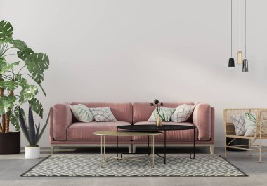Şık salon iç pembe bir beton zemin, kadife koltuk, hasır sandalye, Altın Masa, avizeler ve tropik bitkiler / 3d resim, 3d render