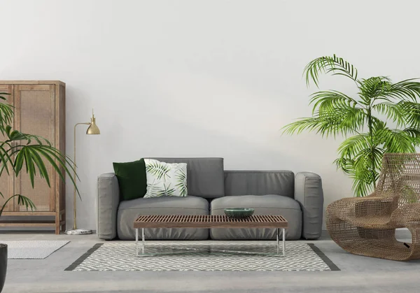 Ilustrasi Interior Ruang Tamu Dengan Furnitur Wicker Dan Sofa Abu — Stok Foto