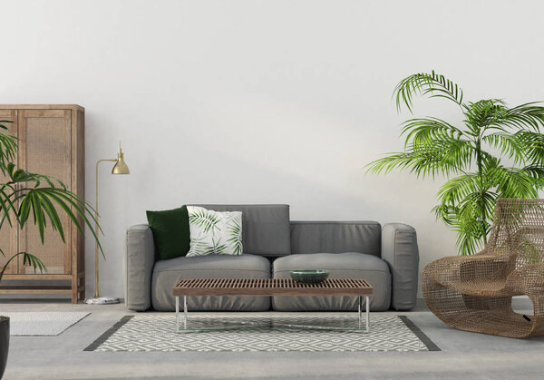 3D illustration. The interior of the living room with wicker furniture and a gray sofa