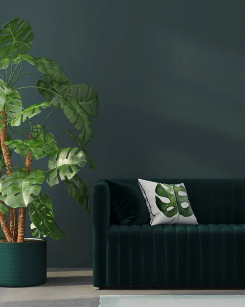 Interieur met groene sofa en tropische plant — Stockfoto