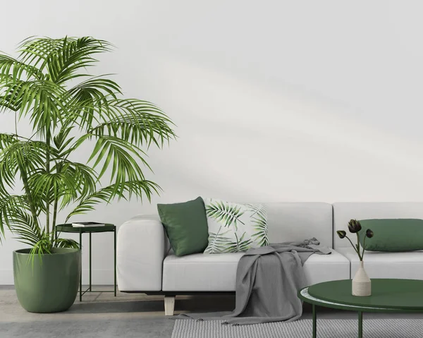 Wnętrze z białej kanapie i zielone poduszki — Zdjęcie stockowe