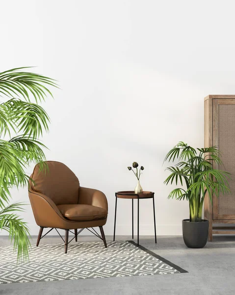 Brown leather armchair and tropical plants — Stock Photo, Image