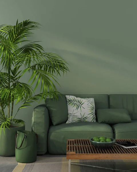 Μονόχρωμη εσωτερικό με πράσινο καναπέ — Φωτογραφία Αρχείου