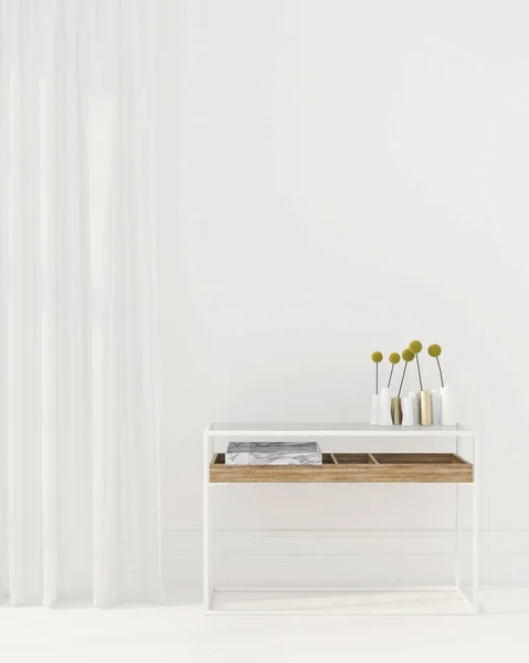 Interior branco com mesa minimalista — Fotografia de Stock