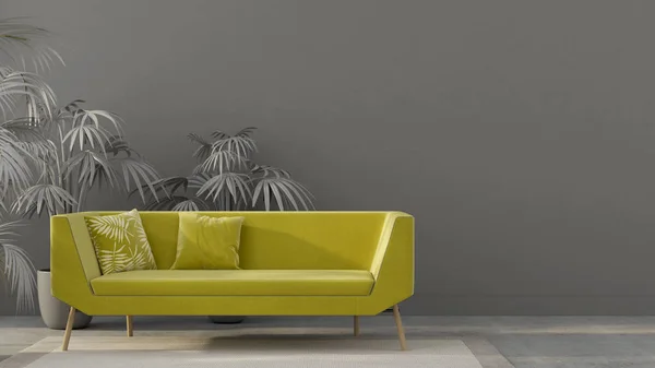 Interior cinza com um sofá amarelo — Fotografia de Stock