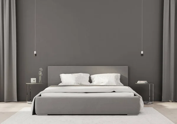 Szara sypialnia w minimalistycznym stylu — Zdjęcie stockowe