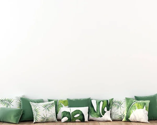 Composición interior de almohadas con un patrón tropical en un bac —  Fotos de Stock