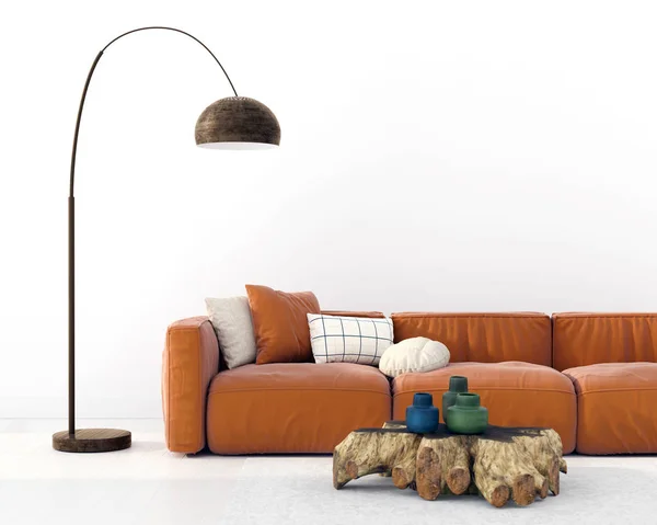 Interiér obývacího pokoje s terakotovou barevnou pohovkou, — Stock fotografie