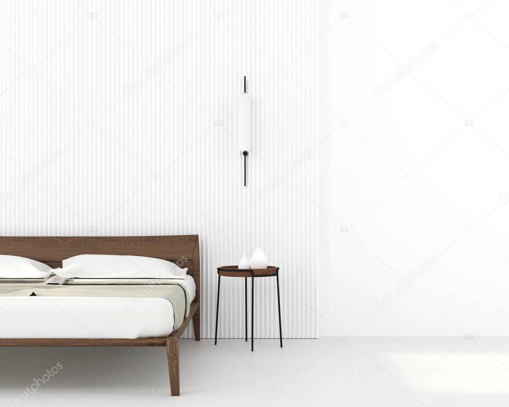 Bedroom interior with a minimalist wooden bed against a white wa