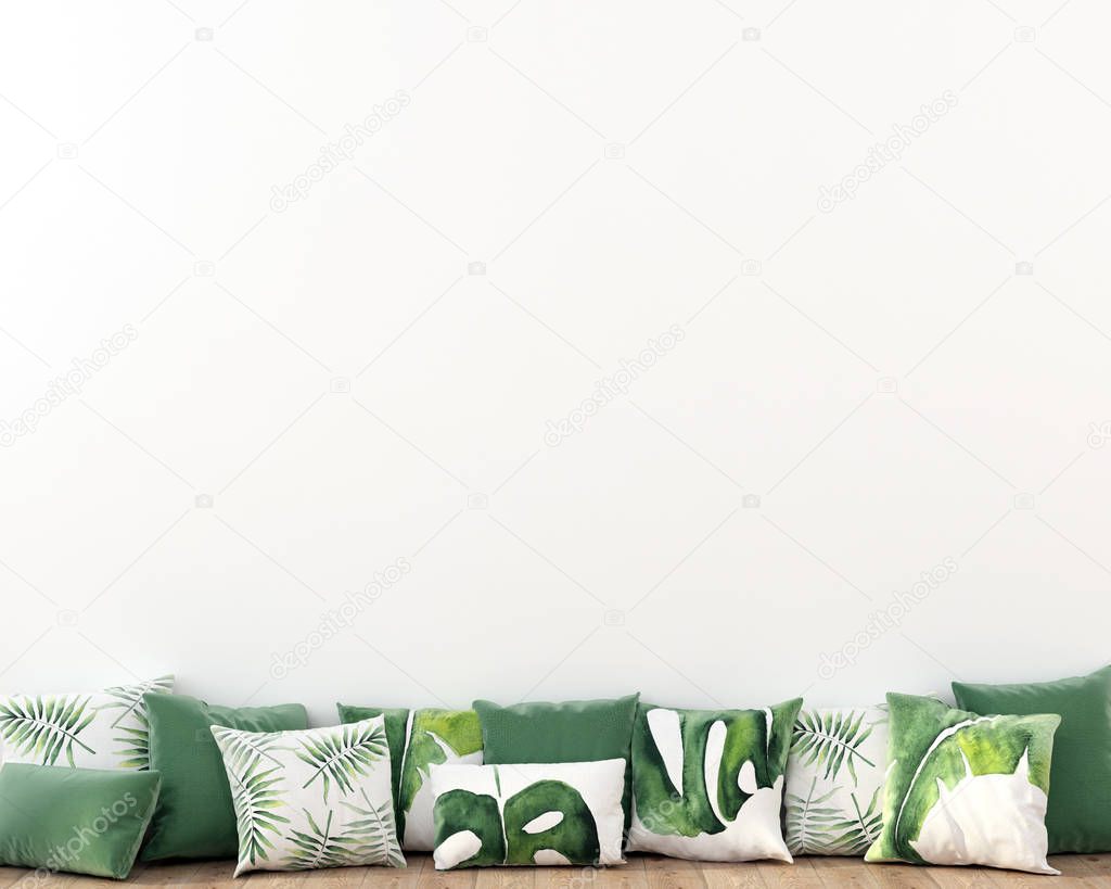 Interior composition of pillows with a tropical pattern on a bac