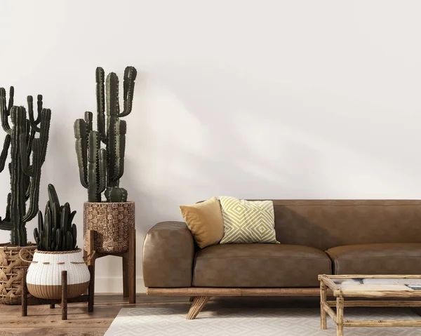 Boho-stílusú belső bőr kanapé és kaktuszok — Stock Fotó