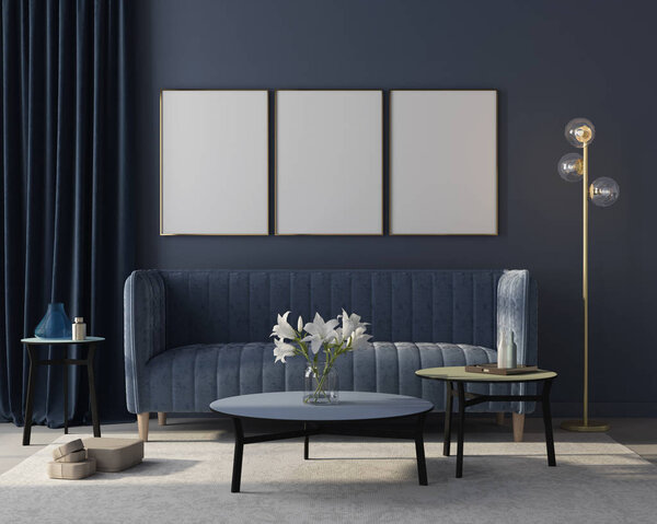 Mock up Interior of the living room in monochrome blue with thre