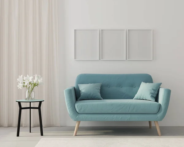 Mock up. Woonkamer met een blauwe Bank en drie posters. 3D-rend — Stockfoto