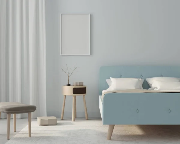 Makiety sypialni wnętrze w kolorze jasnoniebieskim z plakatem. 3D r — Zdjęcie stockowe