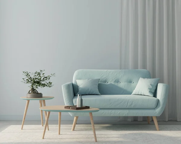 W salonie znajduje się niebieska sofa i stylowe drewniane stoły. 3D Ren — Zdjęcie stockowe