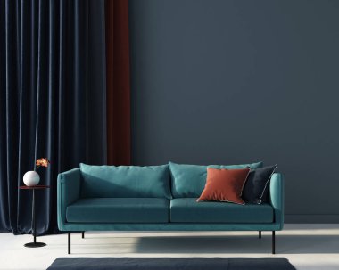 Terakota yastıklı mavi oturma odası. 3d render