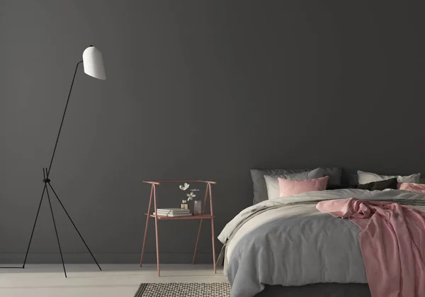 Ložnice s velkou šedou postelí a růžovým křeslem. prostorové vykreslení — Stock fotografie