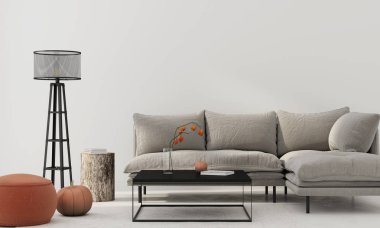 Gri kanepe ve pişmiş toprak puf ile oturma odası iç