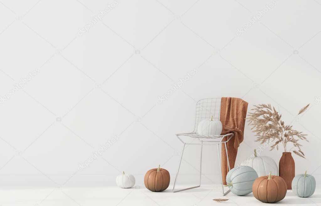 Autumn interior decoration with metal chair and pumpkins