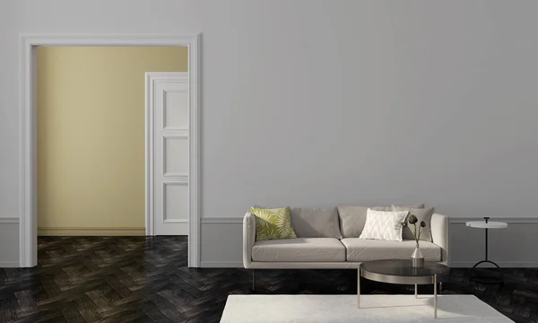 Вітальня з бежевим диваном і жовта стіна іншої кімнати — стокове фото