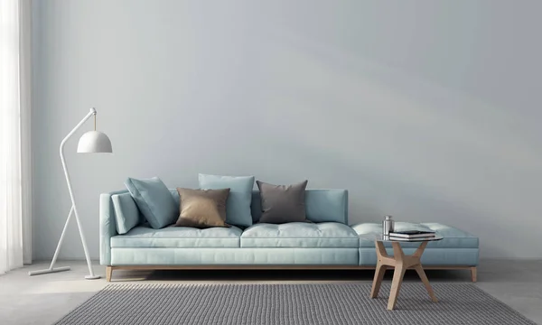 Obývací pokoj s modrou pohovkou a dřevěným stolem — Stock fotografie