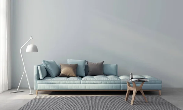 Living room with blue sofa and wooden table — Stock Photo, Image