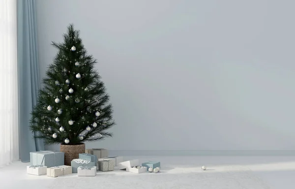 Interior en azul con un árbol de Navidad y regalos — Foto de Stock