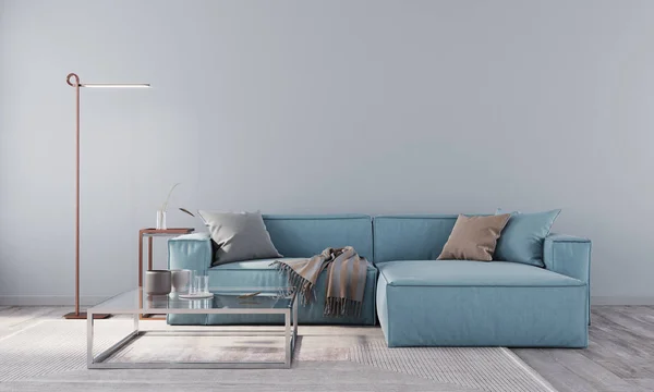 Sala de estar com sofá azul, mesa de vidro e lâmpada de assoalho de cobre — Fotografia de Stock