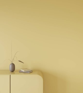 Tek renkli sarı iç döşeme, çekmeceler, kitaplar ve buğday saplı bir vazo, 3D çizim.