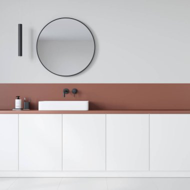 Yıkanma leğeni yuvarlak aynası ve avize / 3D çizimi, 3D canlandırma, 3D animasyonu olan şık bir banyo.