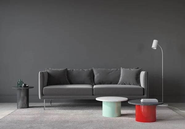 客厅内饰深灰色 配有沙发和带有大理石台面 3D插图的现代彩色桌 3D渲染 3D动画 — 图库照片