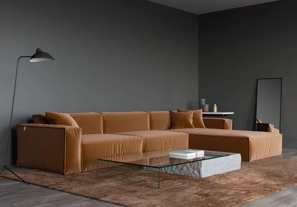 Interior Sala Estar Color Gris Oscuro Con Gran Sofá Naranja — Foto de Stock