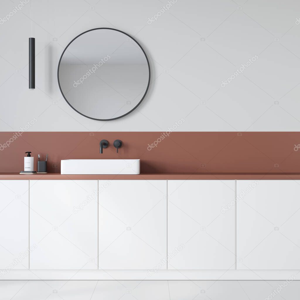 Stylish bathroom interior with a wash basin round mirror and a chandelier / 3D illustration, 3d render, 3d Animation
