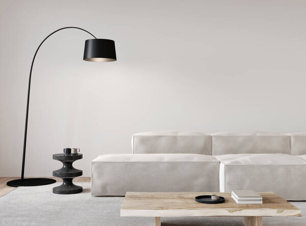 Интерьер гостиной белого цвета с большим мягким диваном, напольной лампой, деревянным кофейным столиком и мраморным столиком / 3D иллюстрацией, 3D рендеринг